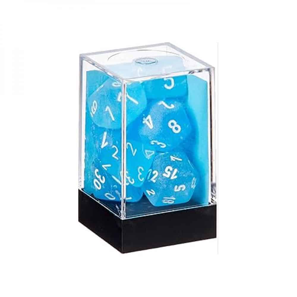 Set de 7 dés Frosted - Bleu Caraïbes/Blanc