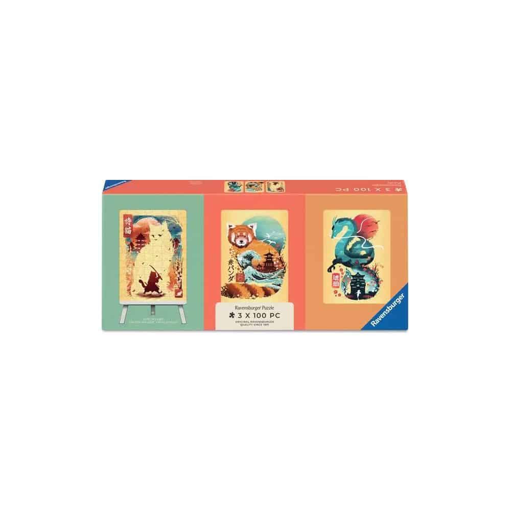 Puzzle - Chat, panda et dragon : 3x100 Pièces
